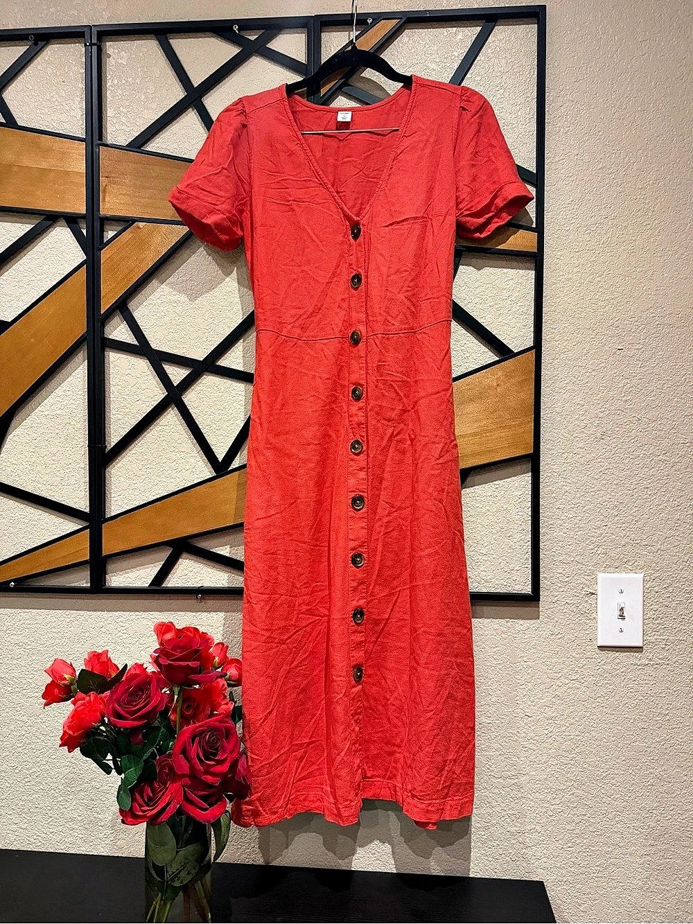 Old Navy V-Neck Button-Front Linen-Blend Fit & Flare Midi Dress